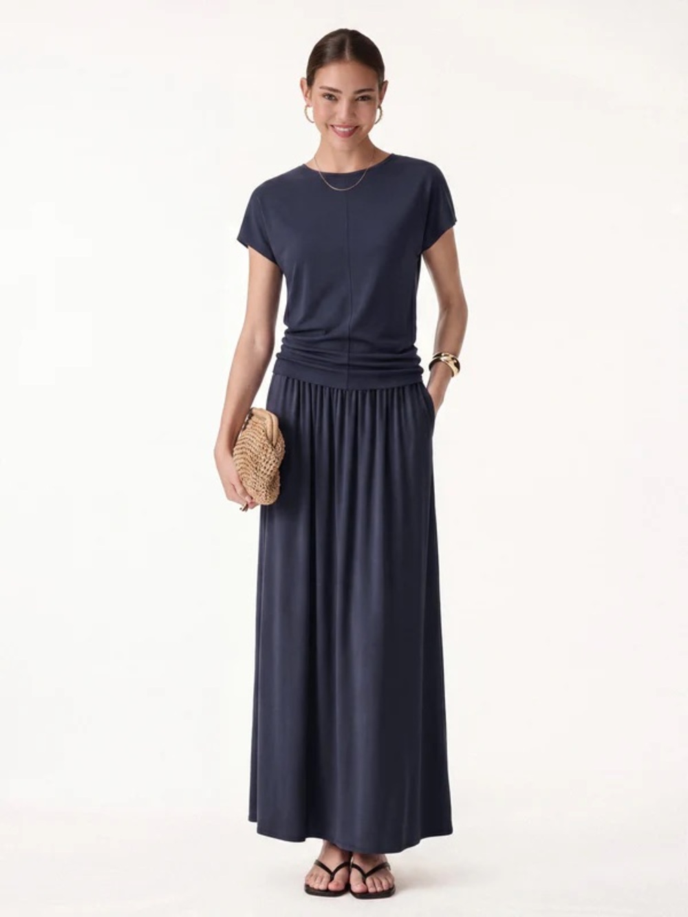 OGL Women's Navy Short-Sleeve Maxi Skirt Set